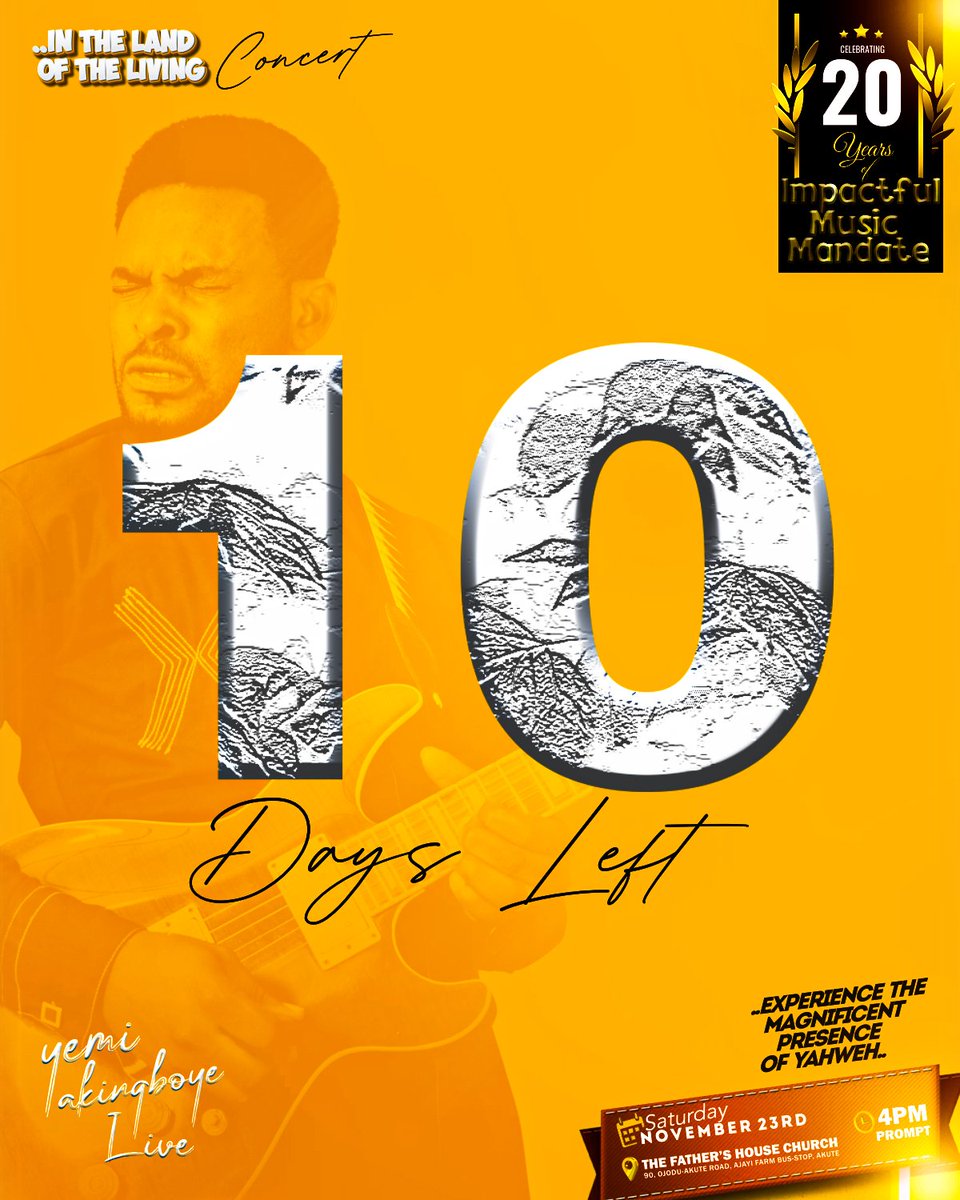YemiAkingboye's tweet photo. 10 days left... brace yourself .. for Blazing Glory of God #inthelandofthelivingconcert #20years #inthelandoftheliving #yemiakingboyelive #gospelmusic #gospelsongs #liveconcert #thisnovember #yemiakingboyelive https://t.co/dHemaQSBZS