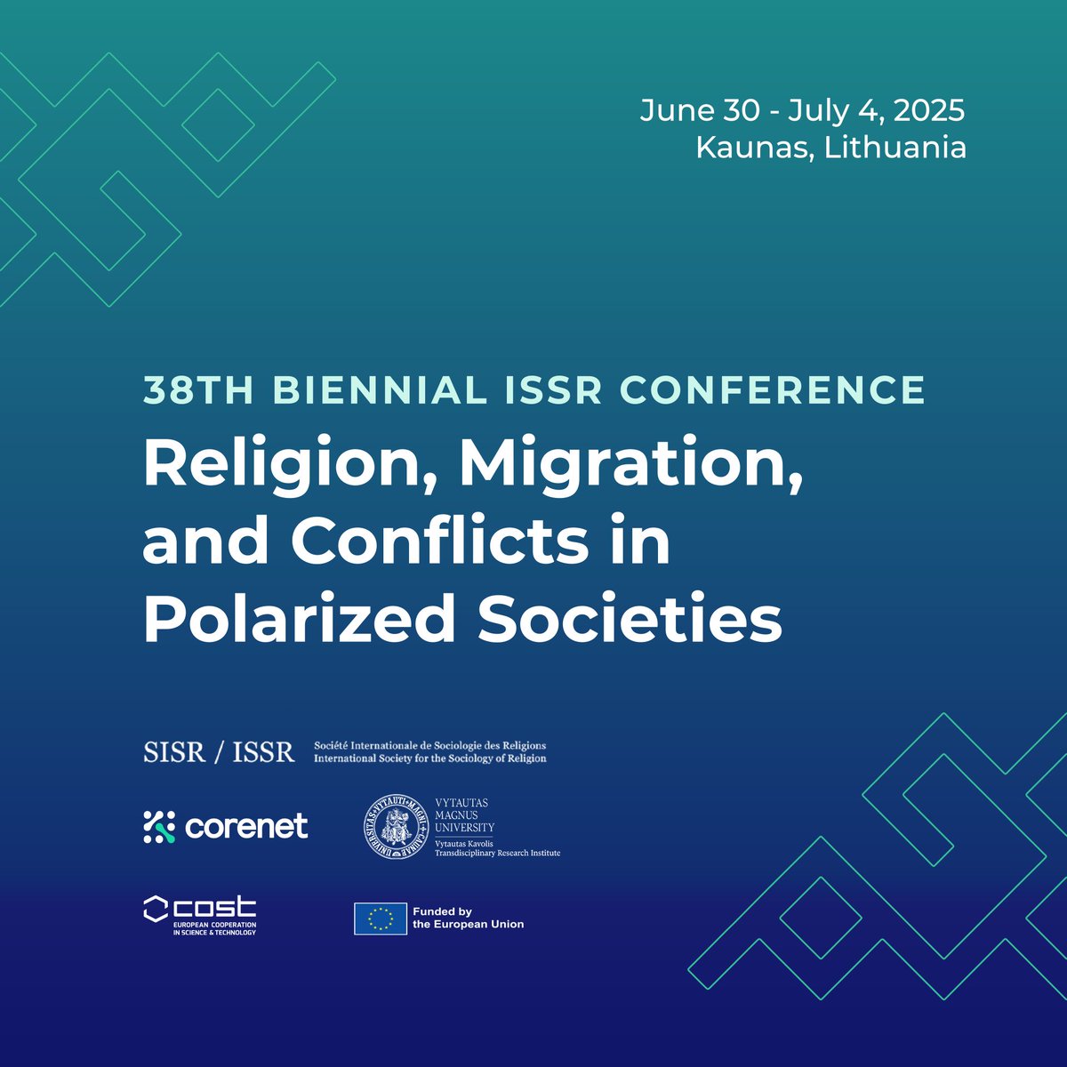 CorenetCost's tweet image. The call for papers for the 38th Biennial ISSR and COREnet COST Action Conference "Religion, Migration, and Conflicts in Polarized Societies" in Kaunas 🇱🇹, June 30 – July 4, 2025 is open! Submit your papers by December 20, 2024 ❄️. For more information 🔗 bit.ly/3A5oN0w