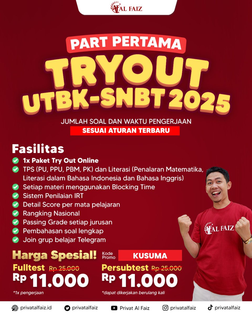 kusumavibes's tweet photo. Siapkan diri hadapi UTBK-SNBT 2025 dengan Tryout Privat Al Faiz! 💥
•TPS, Literasi, Penilaian IRT
•Detail skor per mata pelajaran
•Harga spesial: Fulltest/Persubtest cuma Rp11.000
Kode Promo: KUSUMA 🏆
#TryoutUTBK2025 #SNBT2025 #PejuangUTBK #UTBK2025 https://t.co/HreCcdCzXx