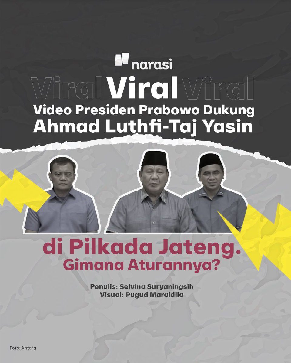 NarasiNewsroom's tweet photo. Kemarin ramai soal video Presiden Prabowo yang dukung Ahmad Luthfi dan Taj Yasin di Pilkada Jateng 2024. Sebenernya itu boleh enggak ya dilakukan seorang Presiden? 🤔

Gini aturannya 👇 https://t.co/YpLfR3xe69