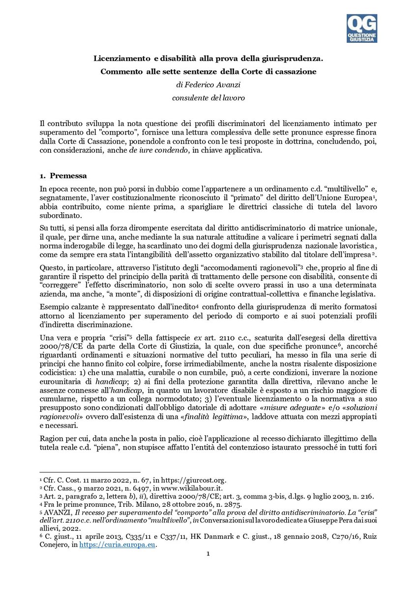 Su <a href="/QGiustizia/">Questione Giustizia</a>, un mio contributo concernente la nota e delicata questione dei 𝐩𝐫𝐨𝐟𝐢𝐥𝐢 𝐝𝐢𝐬𝐜𝐫𝐢𝐦𝐢𝐧𝐚𝐭𝐨𝐫𝐢 del licenziamento intimato per superamento del “𝐜𝐨𝐦𝐩𝐨𝐫𝐭𝐨”. linkedin.com/posts/federico…