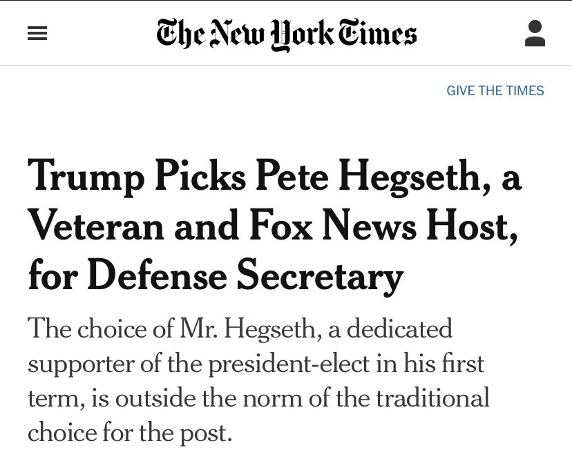 joshsmith's tweet image. The New York Times has learned a lot about how to improve headlines for news stories heralding the arrival of fascism.

1933: “PERSECUTION IS UNLIKELY”
2024:  “The choice … is outside the norm.”

Still downplaying it, but more subtle. 👏🏻 @nytimes

#PeteHegseth