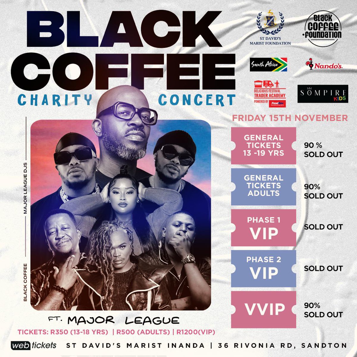 InandaSpirit's tweet photo. VIP tickets for the Black Coffee Charity Concert this Friday the 15th are SOLD OUT.
There are still some VVIP, general and kids tickets available, so book now at the link https://t.co/hNsachNJw3 to avoid disappointment!
See YOU there! ๐ค #BlackCoffee #InandaSpirit https://t.co/GeIIcC0b73