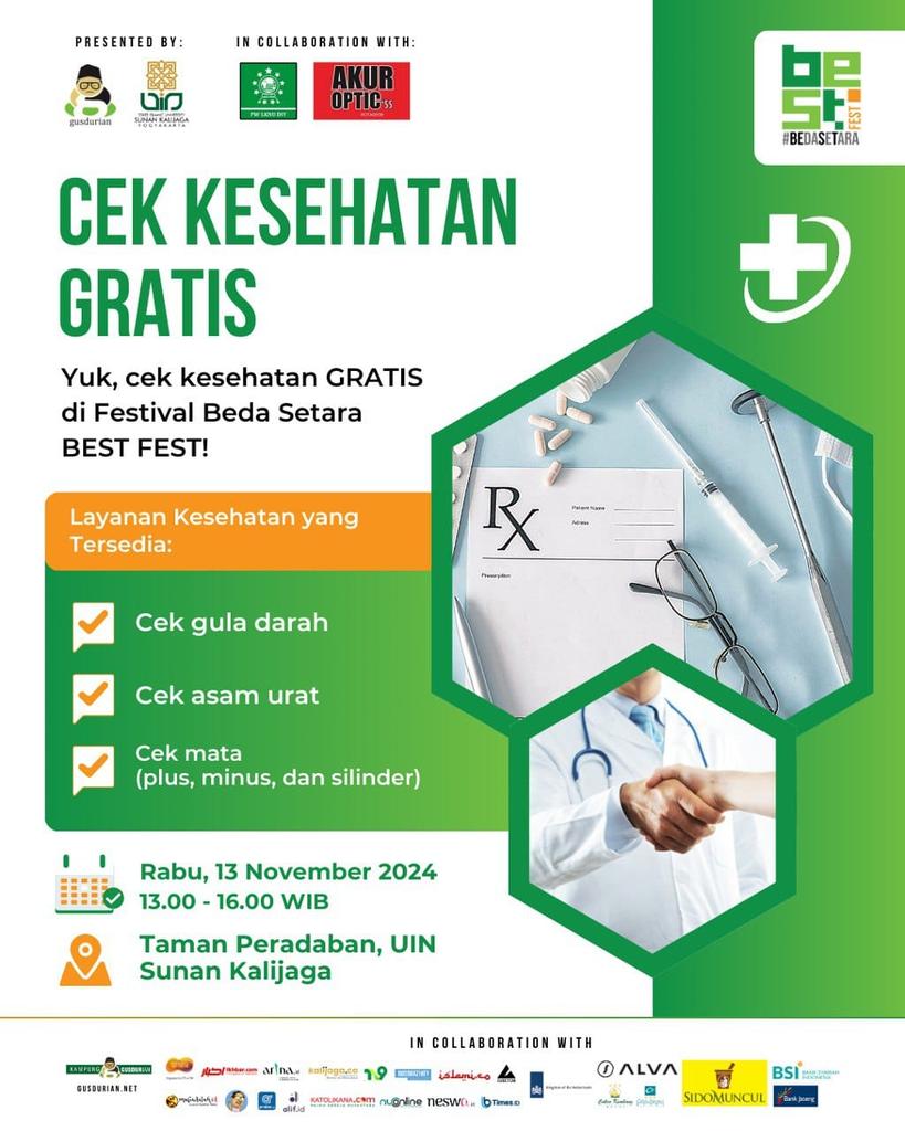 siang ini banget sampai jam 4 sore nanti, ada cek kesehatan gratis di Festival Beda Setara di Taman Peradaban <a href="/UINSK/">UIN Sunan Kalijaga</a> Jogja