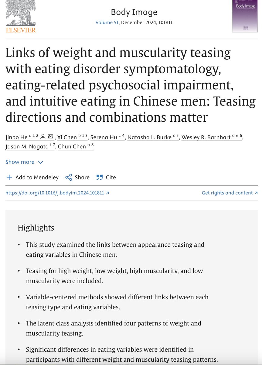 Thrilled to see our new paper about weight and muscularity stigma online (doi.org/10.1016/j.body…). We showed the importance of considering teasing directions and combinations in the field. <a href="/WesleyRBarnhar1/">Wes Barnhart (they/he)</a> <a href="/jasonmnagata/">Jason Nagata, MD</a> @DrNatashaBurke <a href="/chuntaylor/">Chun Chen</a> <a href="/xc2591/">Xi Chen</a>