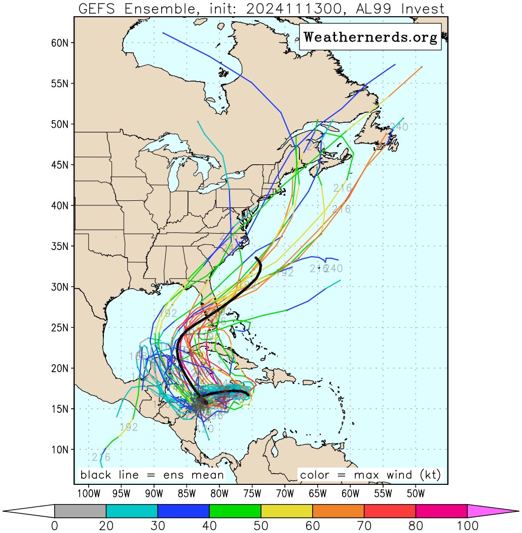 Latest 00z GEFS Ensembles for #99L 

GFS Model Runs have been bouncing between North and South Florida all day today.

Uncertainty is still in the air. 

Pay attention Florida!