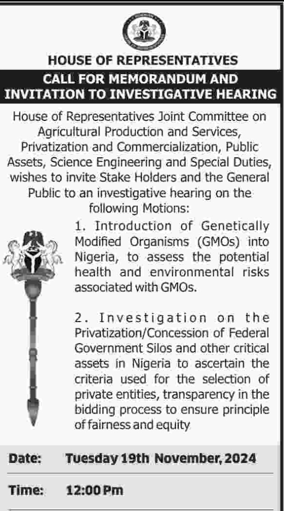 All roads lead to the National Assembly next week! 
We, the people of Nigeria reject GMOs. Our collective will is stronger than those setup to promote GMOs in Nigeria. 
I must commend the leadership of the House of Assembly for organising this investigative hearing. 

I advocate