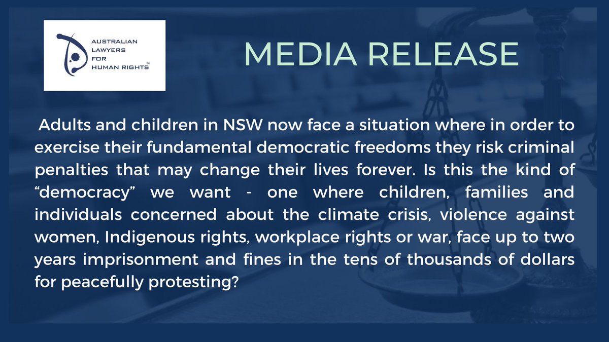 AusLawyersHR's tweet photo. The NSW Govt’s rush to legislate further anti-protest laws is another unwarranted assault on the right to #protest in NSW.
These measures are inconsistent with Australia’s #HumanRights obligations. 
Media Release: https://t.co/ZoStZ5uLoO
#auslaw #nswpol @NSWCCL #ProtectProtest https://t.co/BEnRA6gzih
