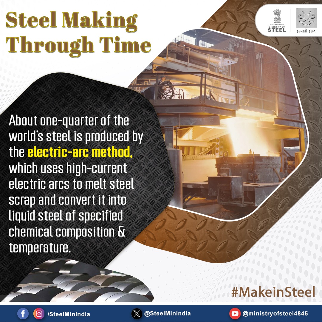 SteelMinIndia's tweet photo. Using various methods like electric arc furnace steelmaking, it can transform scrap or direct reduced iron into high-quality steel used in countless industries.

#SteelmakingThroughTime #MetallicMarvels #HistoryofSteelmaking #IspatiGyan #IspatiIrada https://t.co/NqUr6kodyh