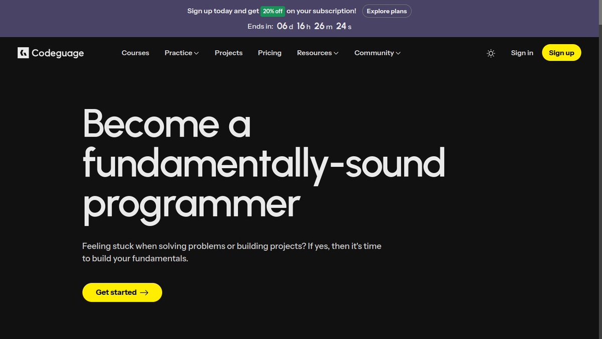 codeguage's tweet image. Finally, the new website is live, with the ability to purchase subscriptions. Get up and running guys! Plus, there's a limited 20% discount for a limited time.
#webdeveloper