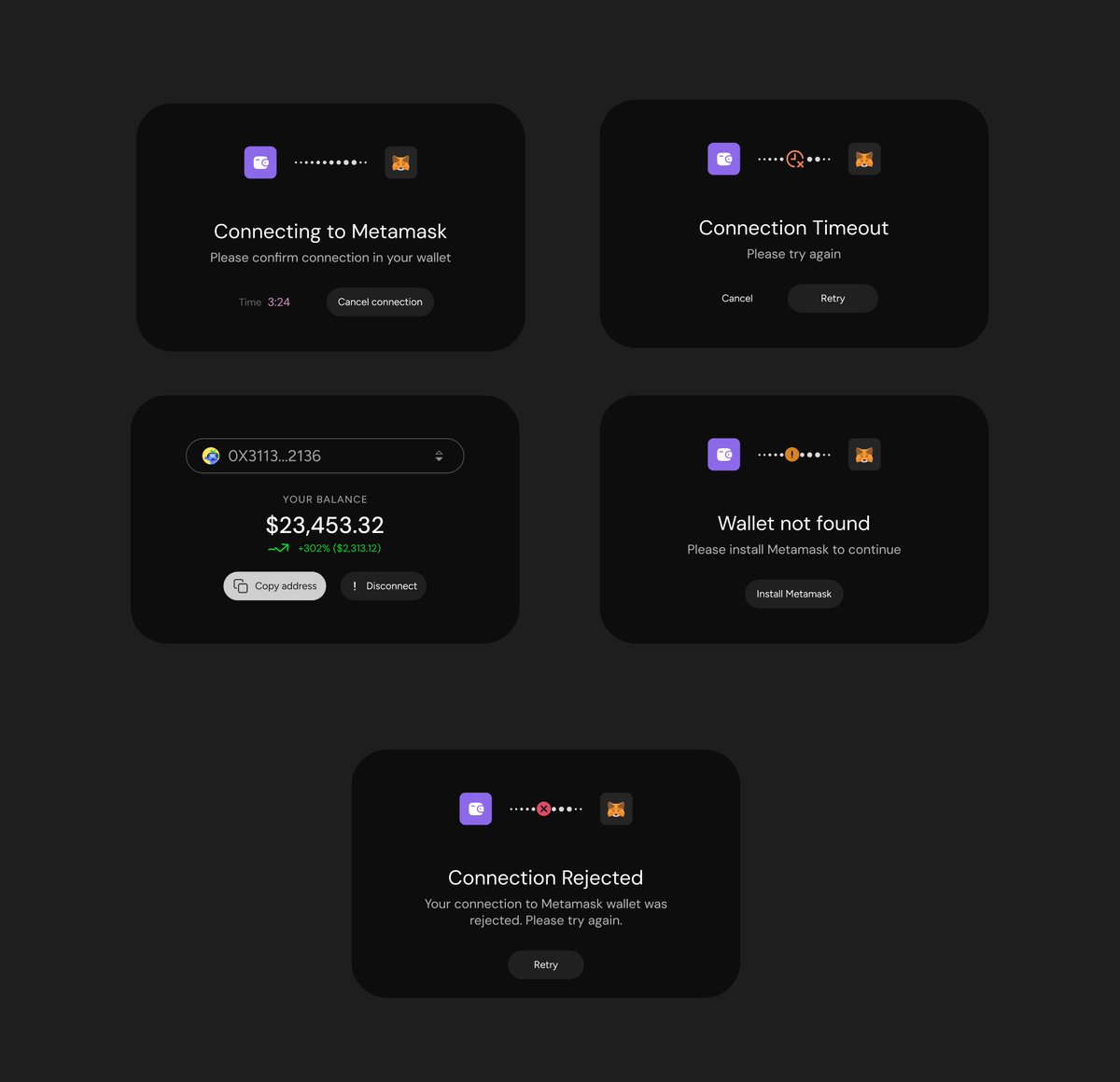 henrytobi74's tweet image. 🎨 Day 2/30 of #Web3 UI Design Challenge  

Exploring the crucial moments in wallet connection flows ⚡️  

Swipe to see different states and how they guide users through the connection process.  #30DaysOfWeb3Design  #Web3Design

 #DesignThread 🧵