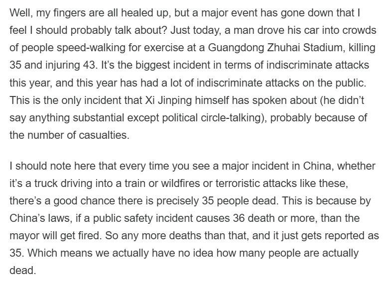 JeremiahDJohns's tweet image. From the incredible blog Chinese DoomScroll:

If you ever see a disaster in China where exactly 35 people die, it's because 36+ means the mayor gets fired. It's fascinating in a horrifying way how authoritarian systems always develop their own unique post-truth quirks.