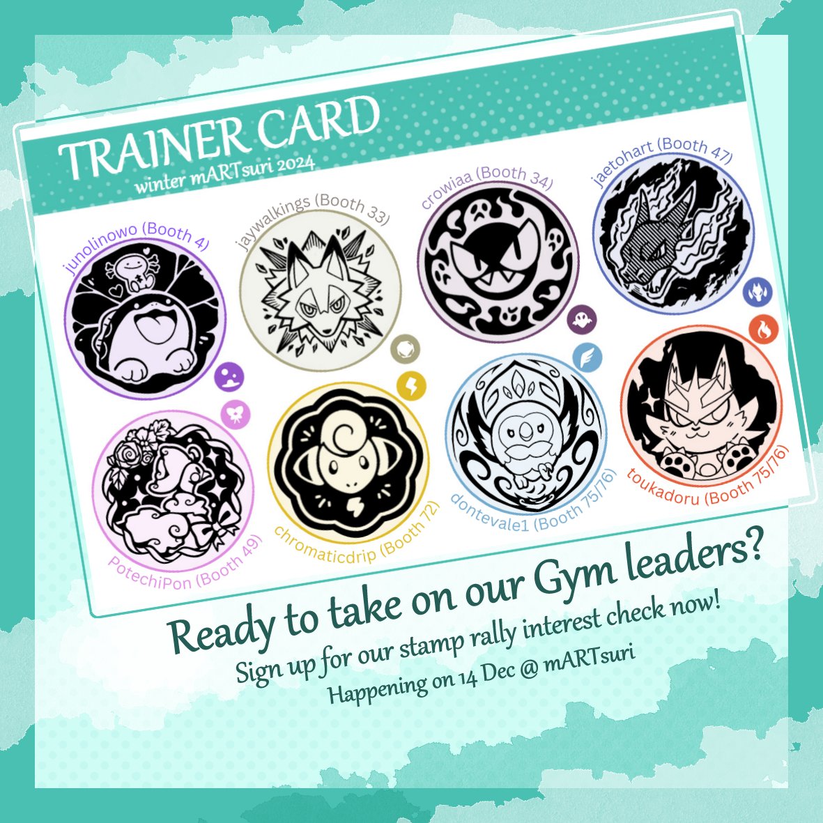 dontevale1's tweet photo. @mARTsuri_SG @junolinowo @jaywalkings @crowiaa @jaetohart @PotechiPon @chromaticdrip @toukadoru Sharing some of the stamp designs created by our participating artists!

Once again, please fill up the interest form (🔗 in thread) if you're interested in participating! So we can gauge how many prizes to put up for production :) https://t.co/l94dMBKLqd