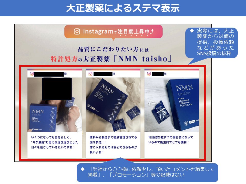 消費者庁は、大正製薬㈱が販売する「 NMN taisho 」と称する