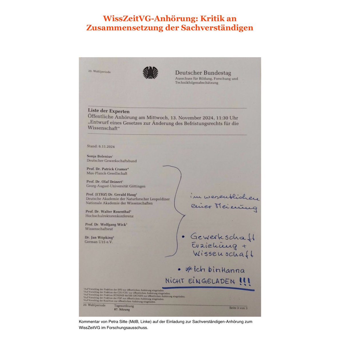 AKellerGEW's tweet photo. Keine ausgewogene Zusammensetzung bei der #WissZeitVG-Anhörung heute im Bundestag, aber Sonja Bolenius wird als einzige Frau die Fahne von @dgb_news @_verdi @gew_bund für #IchBinHanna #Dauerstellen hochhalten ✌️ Letzte Chance für ein echte Reform in dieser Wahlperiode ✊ https://t.co/5WNZ9E4Uk5