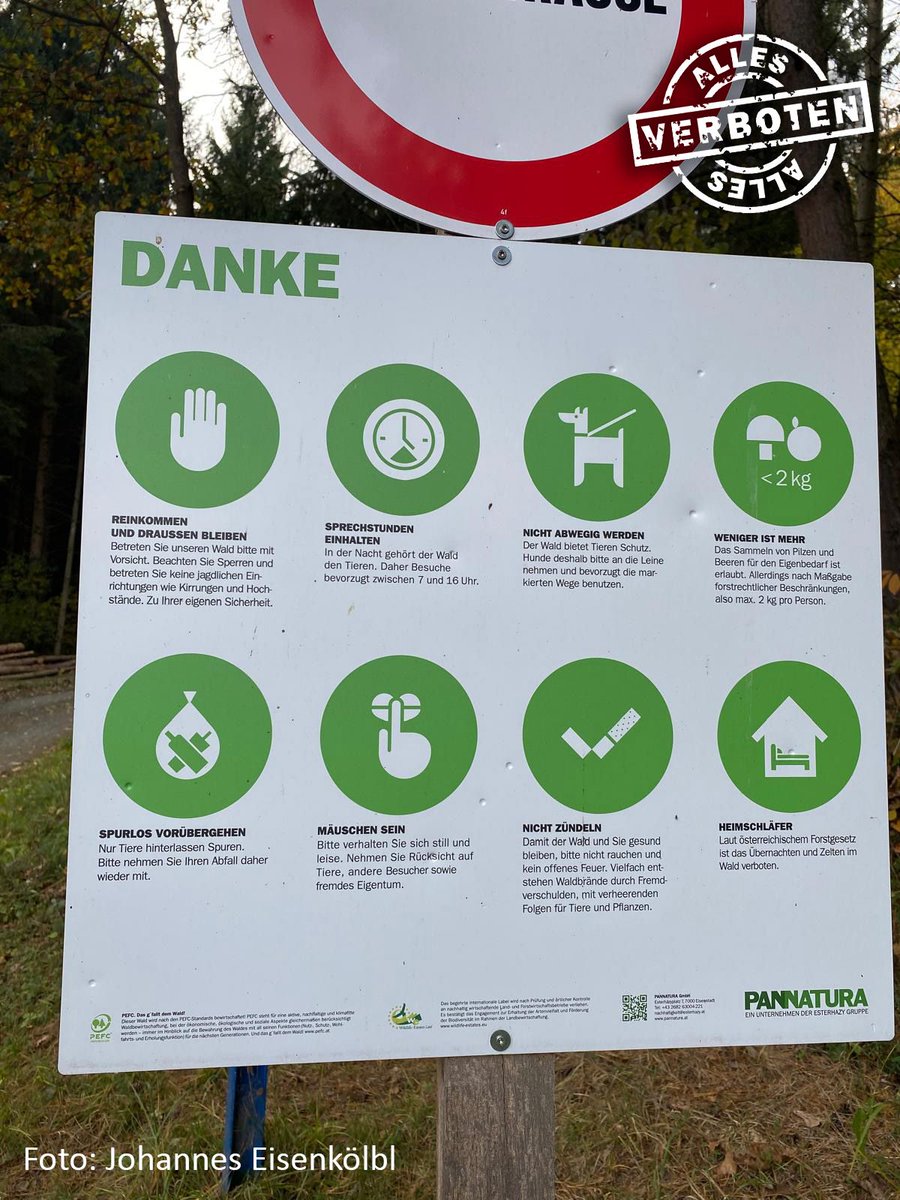 werquer's tweet image. Pannatura, ein Betrieb der Domaine Esterhazy im Burgenland, formuliert die Regeln und Verbote im Wald sehr höflich. Trotzdem wird in der Praxis auf die Einhaltung akribisch geachtet.
#VerbotdesTages Foto: Johannes Eisenkölbl 
Mehr: buff.ly/3UC50wW