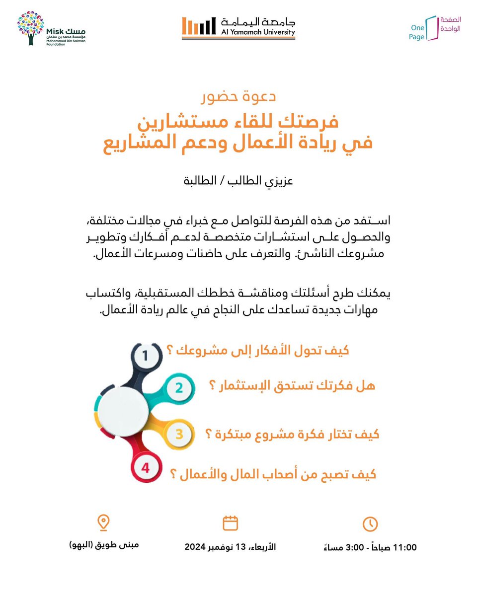 I_TORKI's tweet photo. بمناسبة الأسبوع العالمي #لريادة_ الأعمال، و فعالية “الابتكار والإبداع في رحلة رواد الأعمال”

حاضنة محرك الأعمال @OnePageSA ترعى مع @MiskKSA في جامعة اليمامة @AlYamamah_Uni .. 

وعبر خدماتها وفريقها الإستشاري : 
@I_TORKI 
@Nader_Albarody 
@hamadalrakan 
@ethar2 

بالتوفيق للجميع https://t.co/LBO2CrDx0J