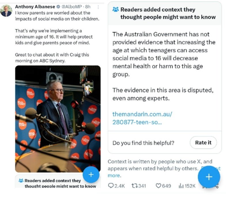 Australian PM <a href="/AlboMP/">Anthony Albanese</a> who's currently pushing a Misinformation Bill has had a post promoting his ban for under 16 year olds on social media Community Noted (&amp; heavily ratioed).