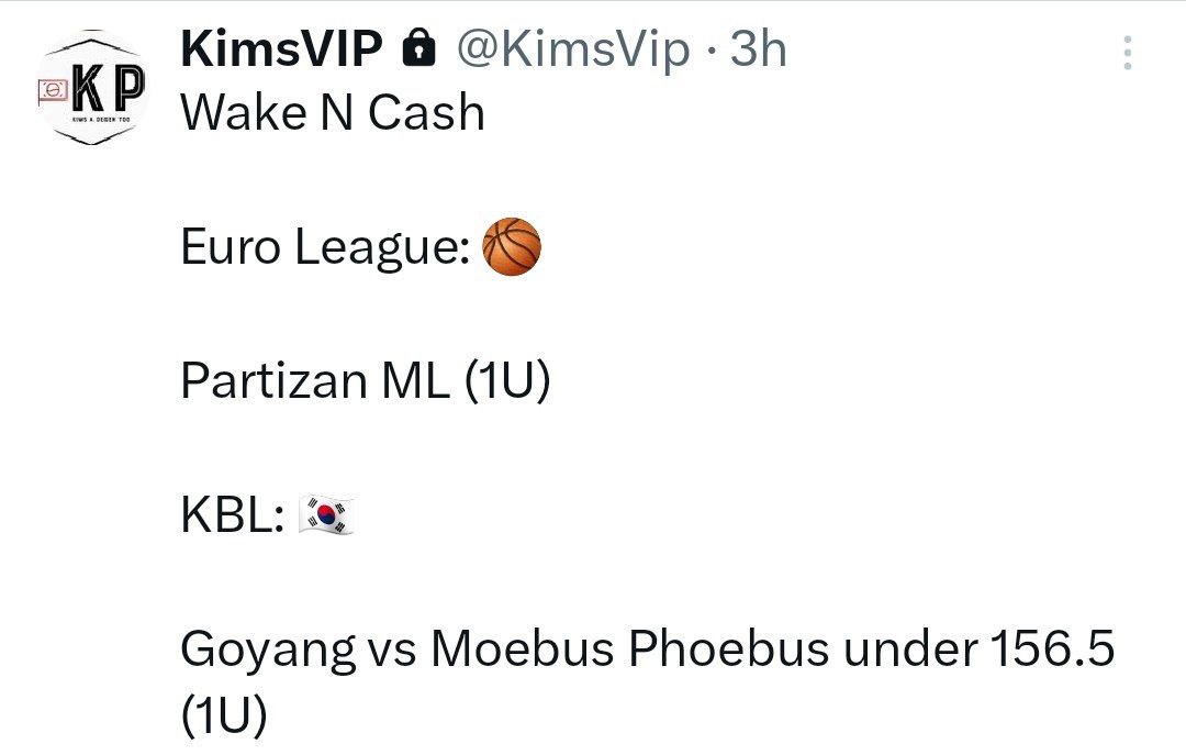 ItsCappersPicks's tweet image. #BankrollBill
KBL
Mobis Phoebus -4 (1.5u)
Mobis Phoebus vs Goyang Sky Gunners under 156.5 (0.5u)

#DirtyBubbleBets
KBL
Mobis Phoebus -4 (0.75u)

#KimsPicks