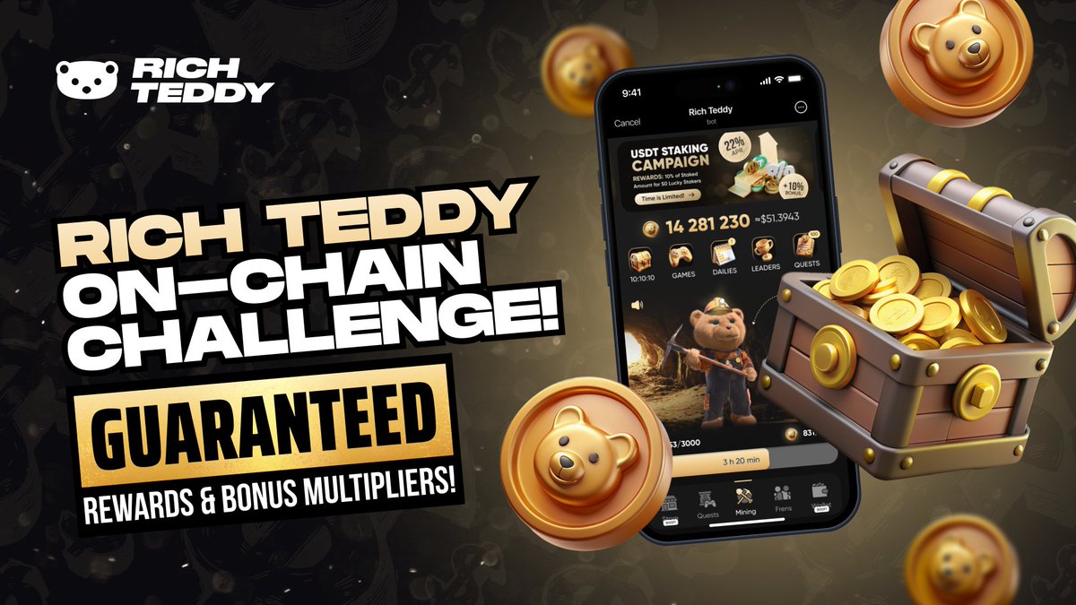 🎉 Ready to earn rewards with Rich Teddy?🎉
An exclusive on-chain challenge is launching right now! 🎯

🌎Connect your wallet in the Rich Teddy Tap App, send an on-chain transaction on the TON network, and get ready to unlock guaranteed awesome rewards and bonuses! 😎 Plus,