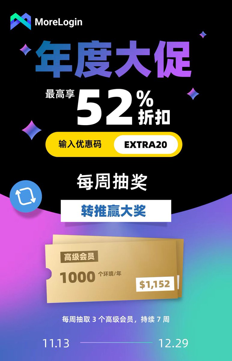 🎉🎉 MoreLogin 年终盛典！限时双重惊喜来袭！
💥 高达5折的套餐优惠，使用优惠券 :EXTRA20享受全年最低价！

🌟 每周抽奖：未来7周内，每周随机抽取3名幸运用户，赠送价值$1152的高级会员（包含1年1000个环境）！

🚀 参与方式：转推即可加入抽奖！每周一公布中奖名单

⏰ 活动时间：11月13至12月29日