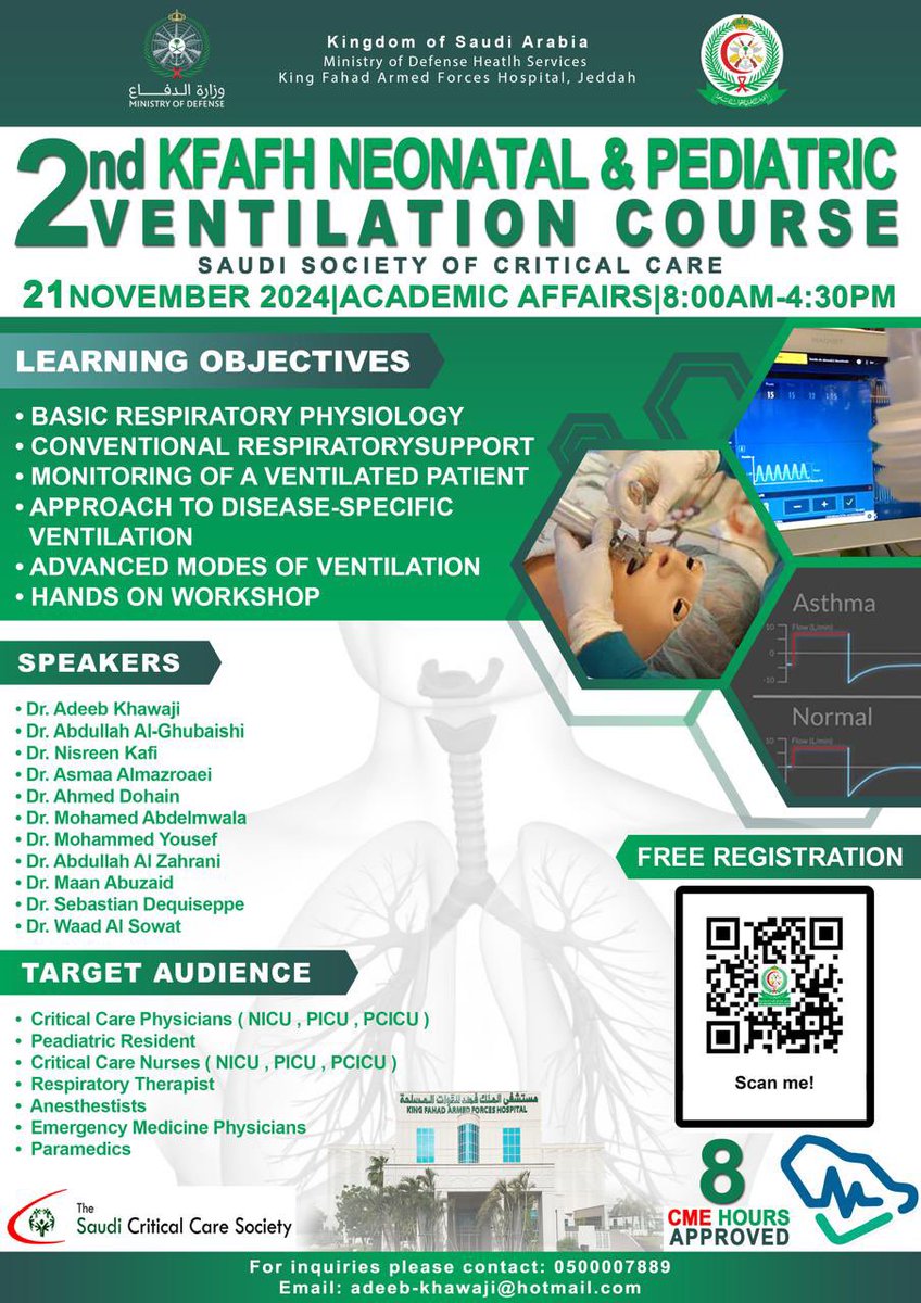 Join us:
 2nd KFAFH Neonatal &amp; Pediatric Ventilation Course!

🗓 Date: November 21, 2024
📍 Location: King Fahad Armed    Forces Hospital, Jeddah  
⏰ Time: 09:00AM- 4:00 PM

🔗Registration link:

docs.google.com/forms/d/e/1FAI…

✅8 Approved CME Hours

#KFAFH