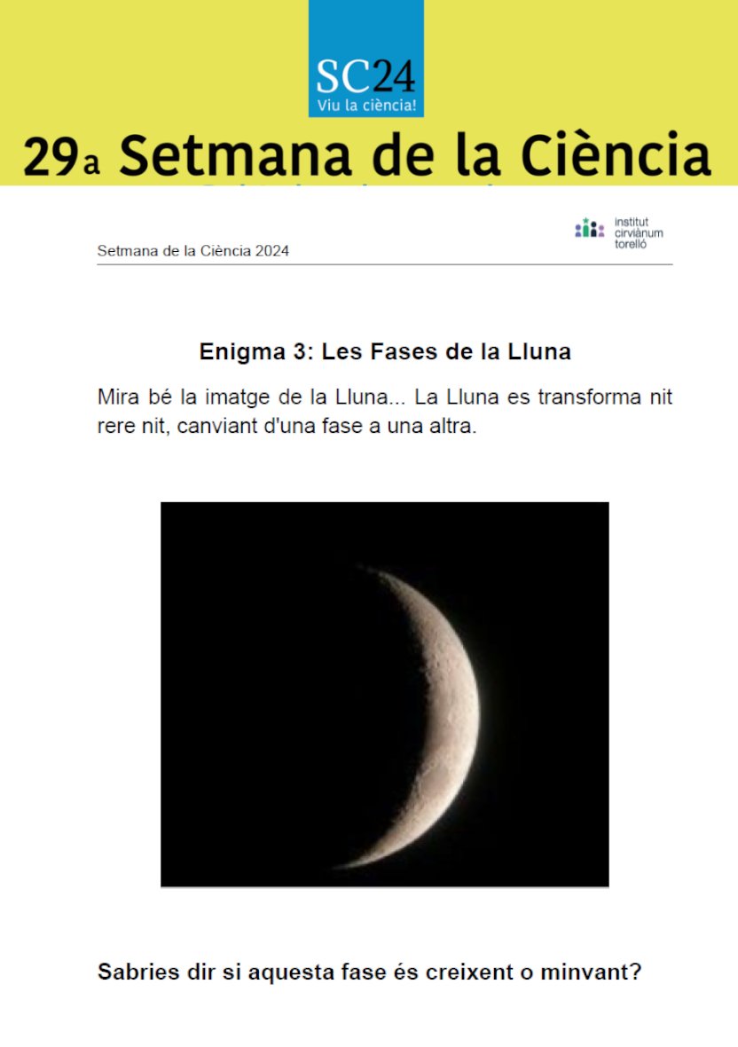 ⏩⏩Setmana de la Ciència◀️◀️

Cada dia de la setmana es proposarà un enigma a resoldre, podeu enviar les vostres respostes a 
👉setmanaciencia@cirvianum.cat
👆
PARTICIPA!!! Hi haurà PREMI pel guanyador!!!

La solució del enigma d'ahir a agora.xtec.cat/iescirvianum/