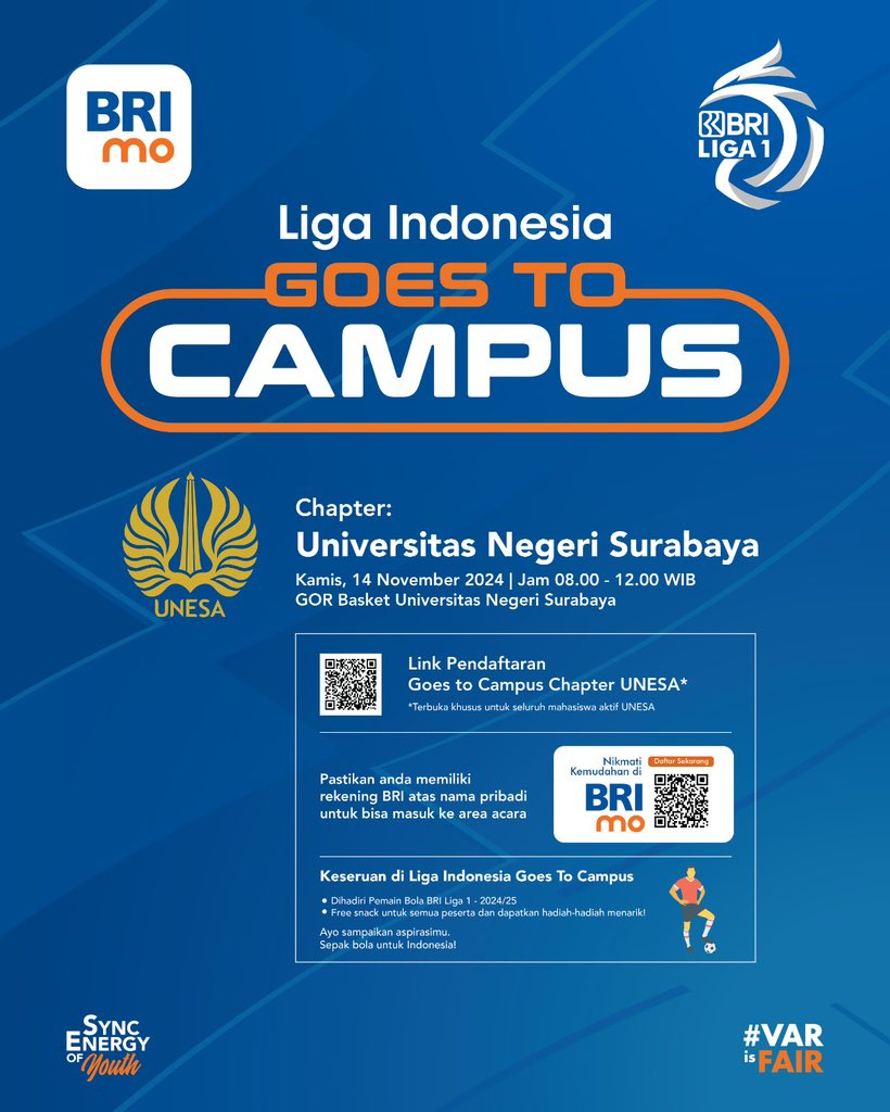 Liga Indonesia Goes To Campus Chapter UNESA

📝14 November 2024
📍GOR Basket Universitas Negeri Surabaya
📌08.00-12.00 WIB
*khusus mahasiswa aktif UNESA

Link pendaftaran Liga Goes to Campus Chapter UNESA: forms.gle/mTRwcayCwZfuNR…

#LGTC #BRILiga1