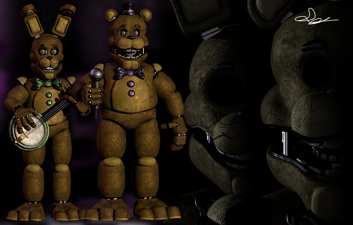 TheRedyTGR's tweet photo. ICONIC DUO!!!
Stylized Fredbear &amp; Springbonnie
Made in Cinema 4D R23 
Models and Textures by me 
---- 
#FNAF #FNAFMovie #fanart #art #stylized #retex #Freddy #Bonnie #Chica #FNaF2 #3D #3dart #fanmade #art #fangame #ScottCawthon #Release #WIP https://t.co/Eq2dVAOQkB