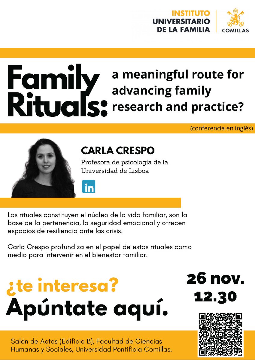 Comillas Instituto Familia (@comillasfamilia) on Twitter photo El 26 de noviembre Carla Crespo, profesora de <a href="/Psicologia_ul/">Psicologia ULisboa</a> , impartirá una conferencia sobre Family Rituals. Inscríbete en eventos.comillas.edu/go/family_ritu… El 26 de noviembre Carla Crespo, profesora de <a href="/Psicologia_ul/">Psicologia ULisboa</a> , impartirá una conferencia sobre Family Rituals. Inscríbete en eventos.comillas.edu/go/family_ritu…