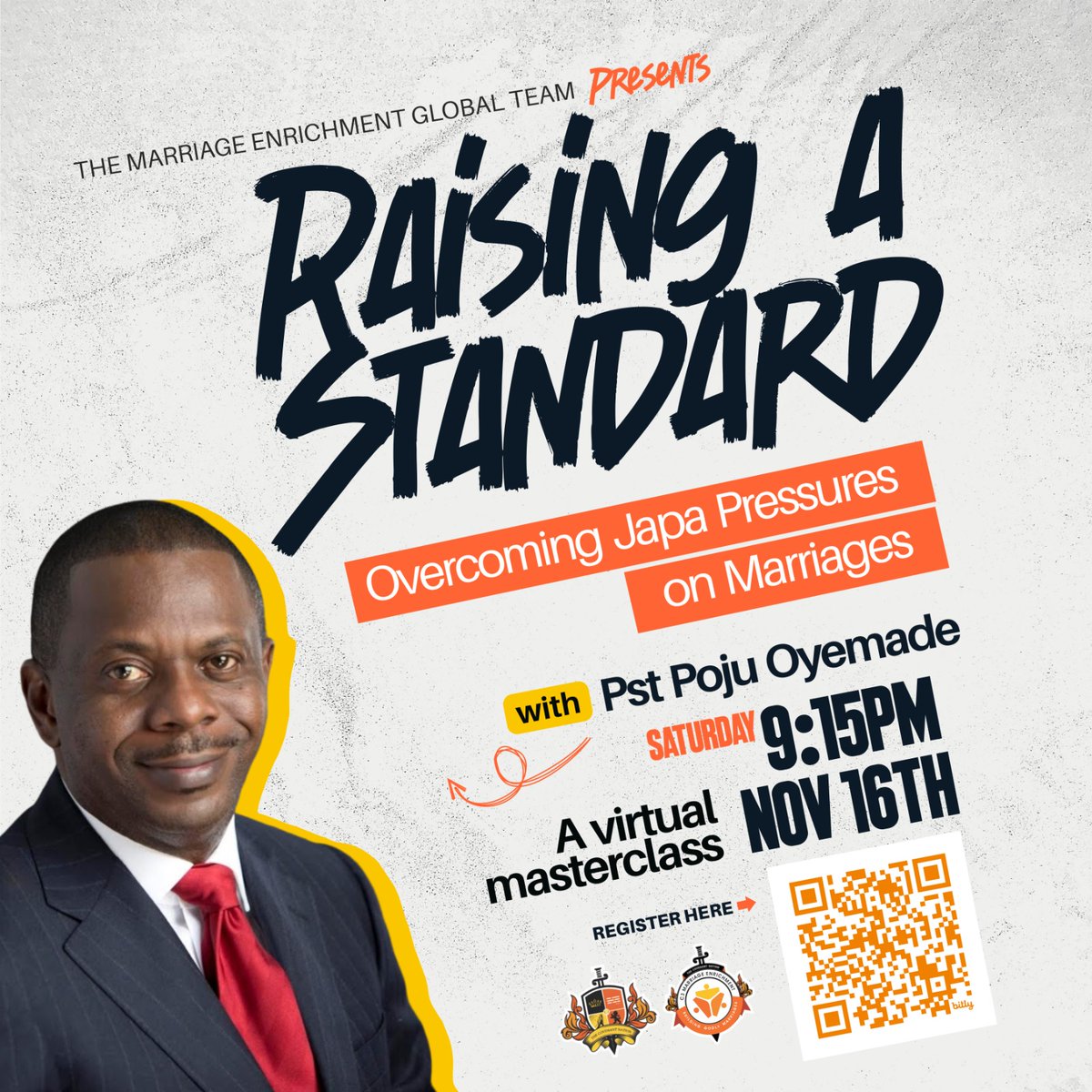 pastorpoju's tweet photo. " *Raising A Standard: Overcoming Japa Pressures on Marriage* "

Join us for an enlightening virtual masterclass with Pastor Poju Oyemade with *special focus on issues of married life in the diaspora* and sundry matters

Mark your calendars for *Saturday, 16th November, 2024, at 9.15 PM WAT* 

Don't miss this opportunity to strengthen your marriage and navigate the challenges of our times.

To attend this webinar, register via
*https://t.co/SrFLgSjgZH*

This webinar is for all married couples both in Nigeria and in the diaspora.