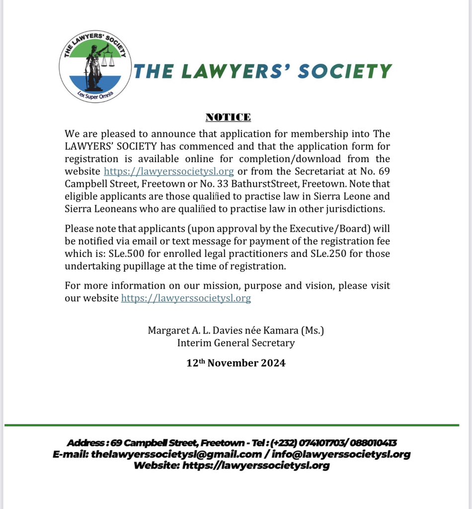 Calling on colleague Lawyers called to the Bar or enrolled to practise law in Sierra Leone and Sierra Leoneans who are qualified to practise law in other jurisdictions to complete the application form. Together we will rebuild our prestigious profession.