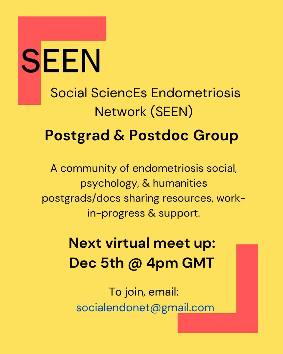 Our next SEEN Postgrad/doc virtual meet up 
Dec 5th, 4pm GMT

Madelaine French will lead an informal discussion about the use of creative methods in endometriosis research, followed by a more general discussion/ postgrad support session  

Details of how to join below