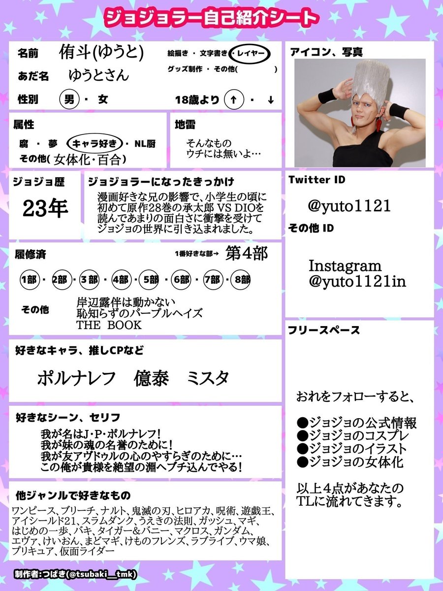 yuto1121's tweet image. いいね・RP巡回して『スゴ味があるッ！』と感じたコスプレイヤーさん、絵描きさんを無言でフォローしていきます。逆に無言フォロー大歓迎です。よろしくお願いします。

#コスプレイヤーさんと繫がりたい
#ジョジョラーさんと繋がりたい 
#ジョジョラー自己紹介シート
