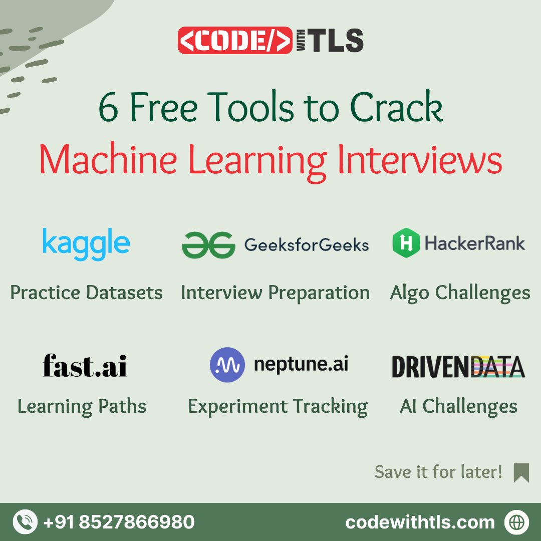 codewithtls's tweet image. Master ML interviews with @codewithtls ! Get the tools, guidance, and skills to succeed.

Call us at +91 8527866980 
 codewithtls.com 
#MachineLearning #DataScience #AI #TechInterviews #CodingChallenges #InterviewPrep #LearnToCode #DataScienceCommunity #PythonProgramming