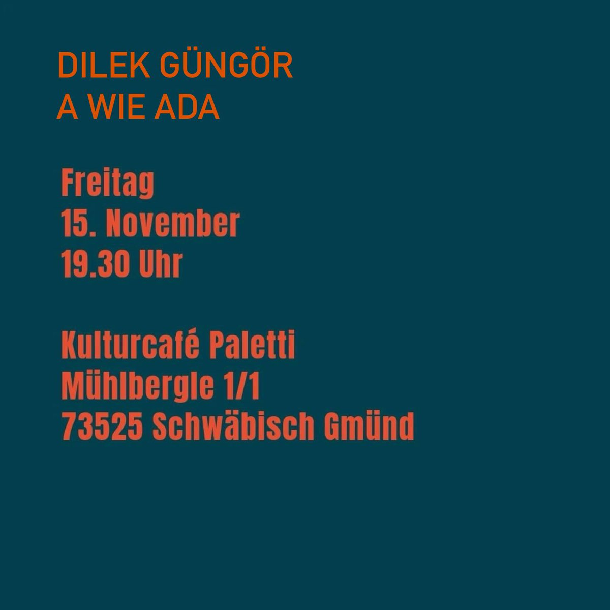 Am Freitag in Schwäbisch-Gmünd: Dilek Güngör liest aus ihrem Roman „A wie Ada“.
Kommse rum!
Zum Termin: paletti-kulturcafe.de/lesung-dilek-g…
Zum Buch: verbrecherverlag.de/shop/a-wie-ada/