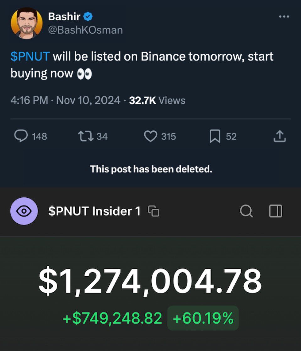 This guy knew about the $PNUT binance listing over 24 hours before it  happened! He deleted the tweet, but also revealed how he knew. Do you want  to know how he got