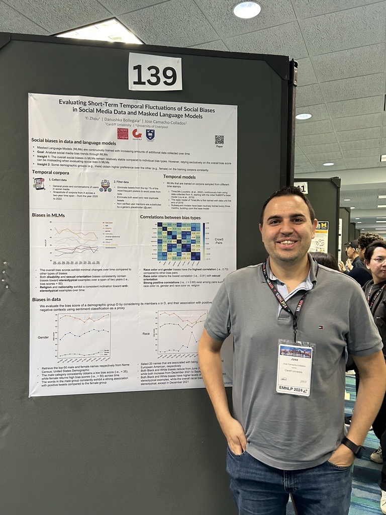 Stereotypes, social biases and topic classification. Three papers from Cardiff NLP presented simultaneously at the same poster session yesterday at #EMNLP2024! 🖼️
