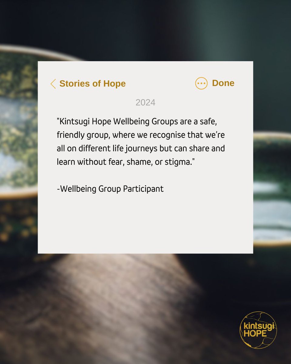 KintsugiHope's tweet photo. We might all be on different journeys, with our pasts and futures but Kintsugi Hope Wellbeing Groups bring people from different places and allow them to build a community  - how special and wonderful? 

Find out more https://t.co/UVKJtsyRoj 

#KintsugHope #Wellbeing #Hope https://t.co/UNvrZ2G9Zr