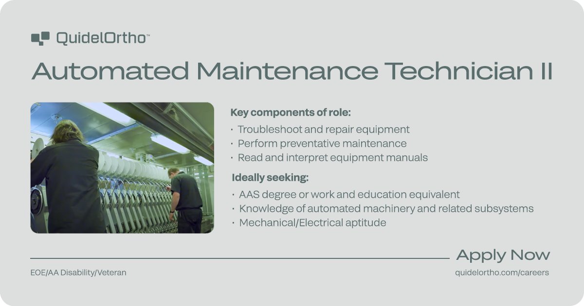 We’re hiring – Automated Maintenance Technician in Rochester, NY

Apply now. Explore more and submit your application: orthoclinical.wd1.myworkdayjobs.com/Search/jobs?jo… 

#NowHiring #MaintenanceJobs #RochesterNY #JoinOurTeam #JobOpportunities