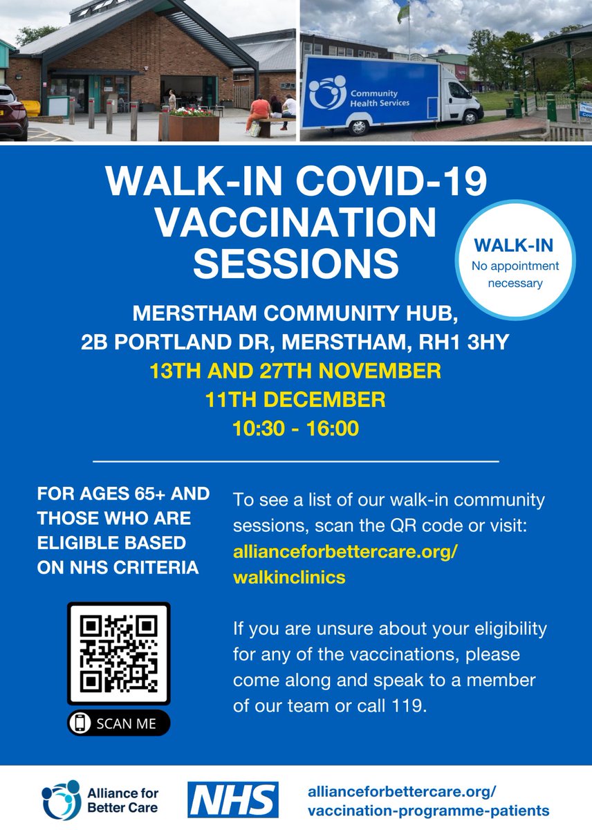 Walk in Covid-19 Pop Up today at #Merstham. If you have missed your appointment or want to chat with our nurses first please come along and we can assist you.

<a href="/AgeConcernMRR/">Merstham Centre</a> <a href="/MersthamFriends/">Friends of Merstham</a> <a href="/LoveReigate/">LoveReigate</a> <a href="/mersthammix/">The Merstham Mix Cafe</a> <a href="/MersthamHub/">Merstham Hub-MCFT</a> <a href="/MersthamPark/">Merstham Park School</a>