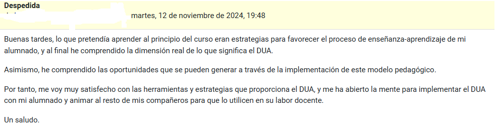 jblasgarcia's tweet photo. Recibir estos mensajes en un microcurso @DUA Inicial de 20 horas que hemos diseñado y tutorizado desde @AulaDesigual para @inclusivarm y @CPRRegionMurcia 😃
Parace que el esfuerzo va dando sus frutos.
Muy satisfecho tb de las tareas que han realizado. #IncluYO @regiondemurcia https://t.co/z2MutwRzlh