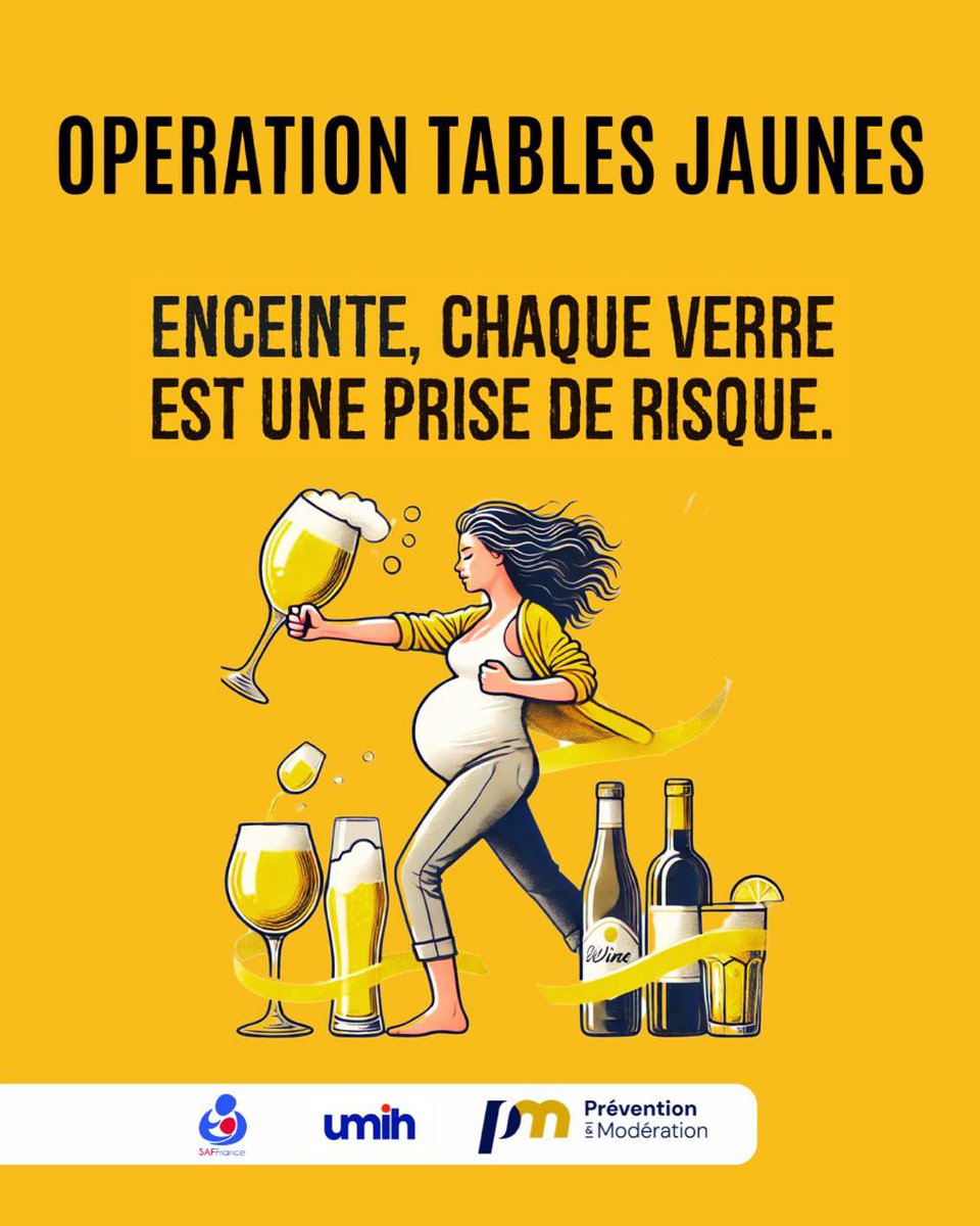 SAFFrance's tweet photo. 🎗️ 3e édition des #TablesJaunes : mobilisons-nous contre les Troubles Causés par l’Alcoolisation Fœtale (#TCAF) ! Du 15 au 17 novembre, 425 établissements sensibilisent aux risques de l’alcool pendant la grossesse💛 . Les liste des CHRD Tables Jaunes : https://t.co/SFSmCiRibw https://t.co/TgvNxdHcls