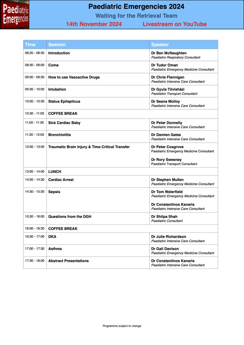 Looking forward to Paediatric Emergencies 2024 tomorrow. Join us from 08:20 UK time. Make sure to go directly to YouTube youtube.com/live/eWuXeD2QQ… not the Paediatric Emergencies website. No fee or registration required. CPD certificates available. Recording available afterwards.