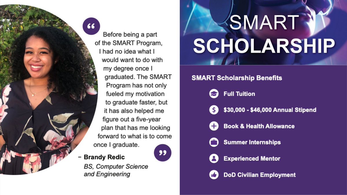 🎓 Get your education funded and secure your future! Apply for <a href="/DoDstem/">DoDSTEM</a>’s SMART Scholarship by 12/6 and unlock full tuition, a $20-46K stipend, and a guaranteed job as a DoD civilian. 💼 buff.ly/4h4M2su #SMARTScholarship