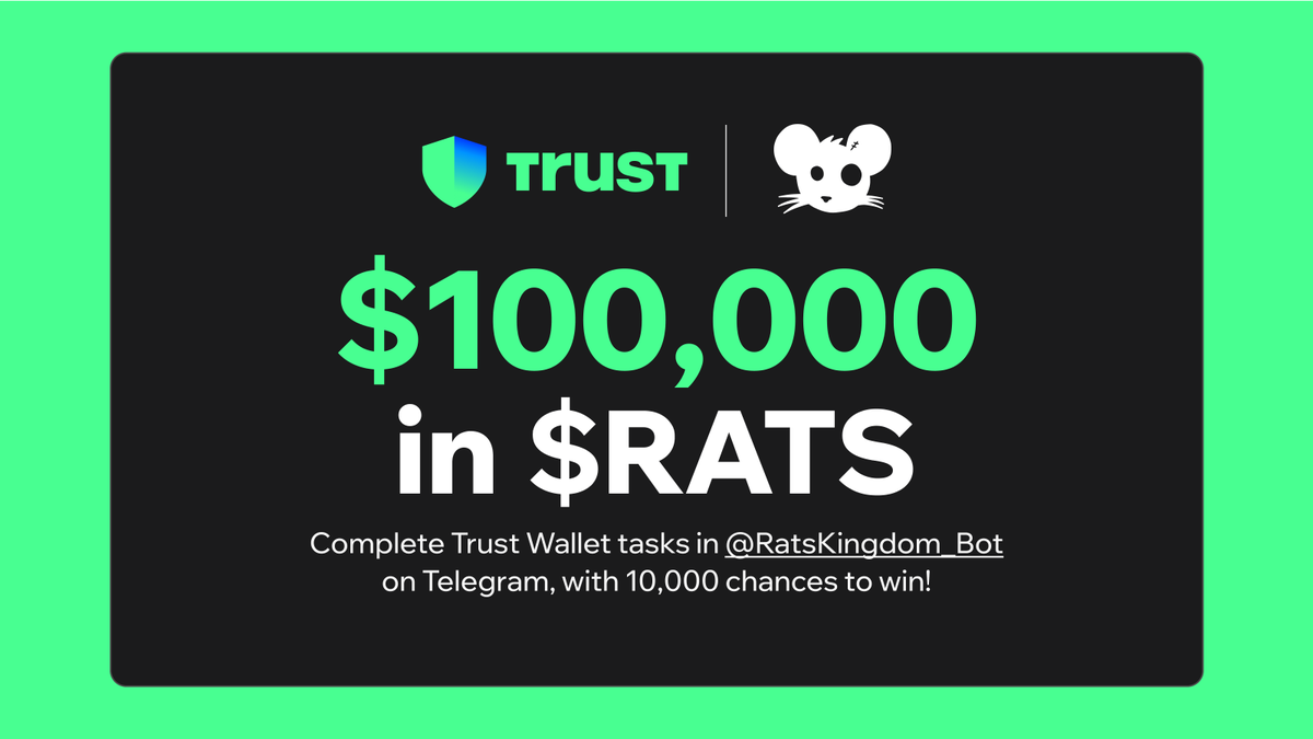 Trust Wallet (@trustwallet) on Twitter photo 🔥 We’re giving away $100,000 in $RATS with <a href="/The_RatsKingdom/">Rats Kingdom</a> to the Trust Wallet community, with 10,000 chances to win!
Entry:
💙 Like & RT
💙 Follow <a href="/TrustWallet/">Trust Wallet</a> & <a href="/The_RatsKingdom/">Rats Kingdom</a>
👇 Complete tasks with your #TrustWallet address on #TON
short.trustwallet.com/rats 🔥 We’re giving away $100,000 in $RATS with <a href="/The_RatsKingdom/">Rats Kingdom</a> to the Trust Wallet community, with 10,000 chances to win!
Entry:
💙 Like & RT
💙 Follow <a href="/TrustWallet/">Trust Wallet</a> & <a href="/The_RatsKingdom/">Rats Kingdom</a>
👇 Complete tasks with your #TrustWallet address on #TON
short.trustwallet.com/rats