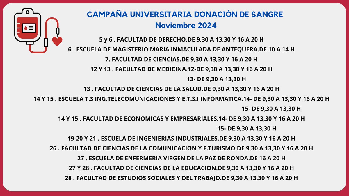 E.T.S. Ingeniería de Telecomunicación UMA (@teleco_uma) on Twitter photo Mañana jueves 14 y el viernes 15 puedes donar sangre en <a href="/teleco_uma/">E.T.S. Ingeniería de Telecomunicación UMA</a>. Tienes toda la información en uma.es/uma-salud/info… Mañana jueves 14 y el viernes 15 puedes donar sangre en <a href="/teleco_uma/">E.T.S. Ingeniería de Telecomunicación UMA</a>. Tienes toda la información en uma.es/uma-salud/info…