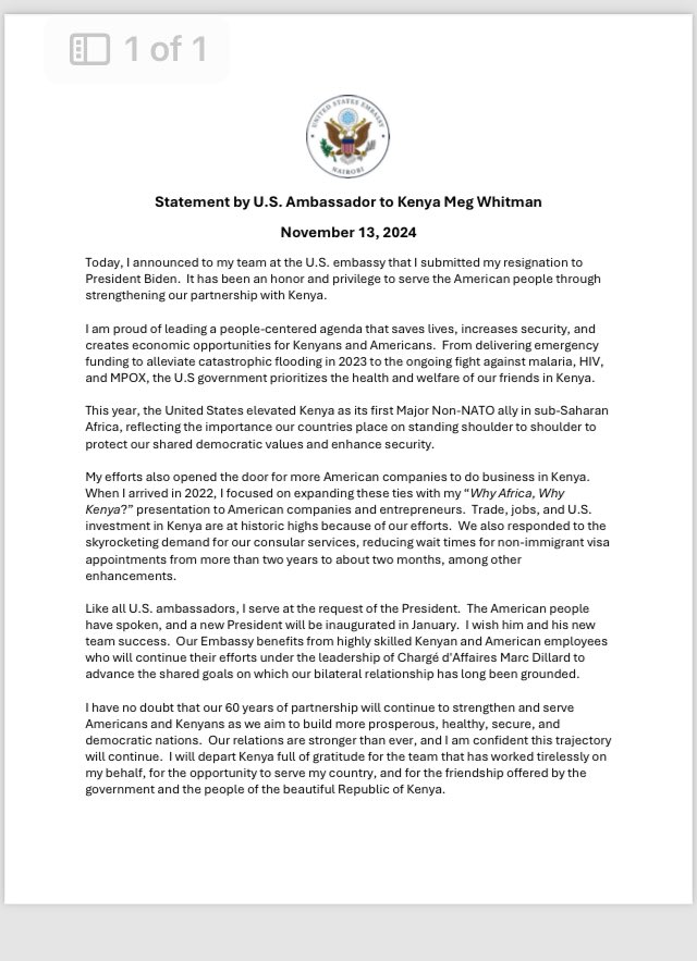 IreneKaindi's tweet photo. US ambassador to Kenya, Meg Whitman, resigns https://t.co/3691Agj1uV
