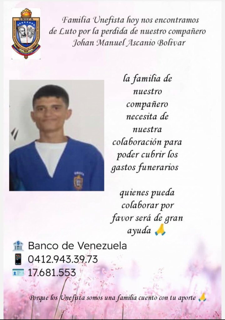 Este es el joven que falleció ayer en el accidente de Puente Barbula, era compañero de clases de mi hija. Apoyemos por favor para los gastos funerarios. Los Buenos Somos Más 🙏🏻 <a href="/dcabellor/">Diosdado Cabello R</a> <a href="/ConElMazoDando/">Con el Mazo Dando</a> <a href="/gonzalez10ana_/">Ana Virginia González</a> <a href="/rafaellacava10/">Rafael Lacava</a> <a href="/nancydelacava/">Nancy de Lacava</a> <a href="/Unefa_VEN/">Unefa</a> <a href="/Unefa_VEN/">Unefa</a>