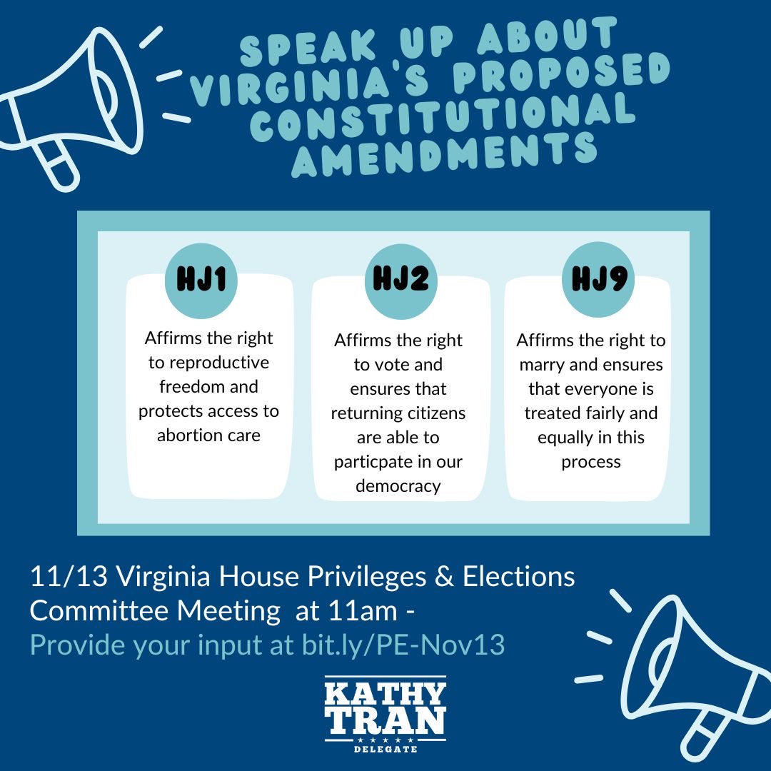 Today 11/13 at 11am, the VA House of Delegates is holding committee hearings on 3 proposed constitutional amendments affirming our fundamental rights to reproductive freedom, to vote, and to marry. 

Share your comments at bit.ly/PE-Nov13